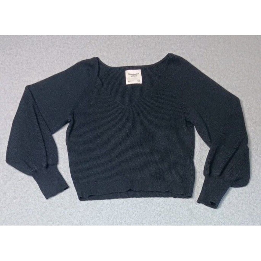 Abercombie Fitch Cropped Rib Knit Vneck Puff Sleeve Pullover Sweater M Black Y2K